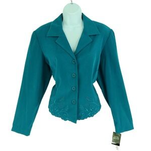 Studio 1 Blazer Jacket Womens Size‎ 14 Blue Embroidered Eyelet Shoulder Pads NWT